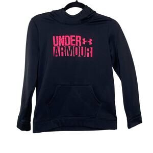 Under Armour Youth Black Hoodie Pink Spell Out Front Pouch Pocket Cold Gear‎ L